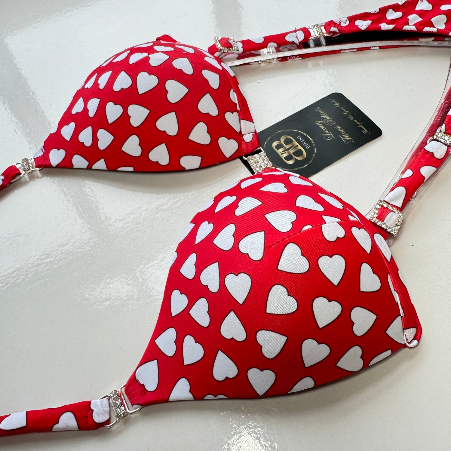 Hearts White on Red Posing Bikini with checking tape measure - made to measure