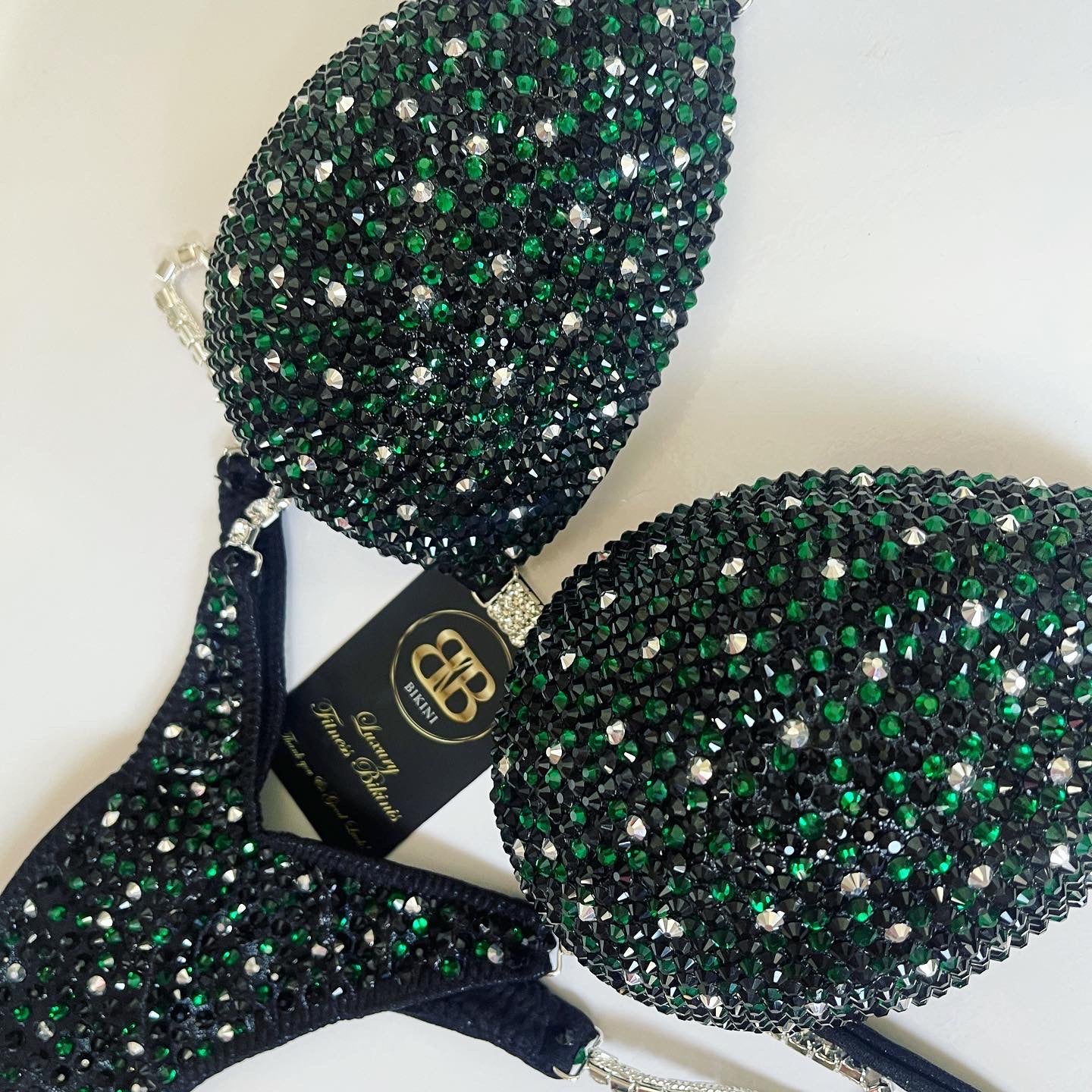 Rental  black and emerald green competition bikini- D/DD bra cup