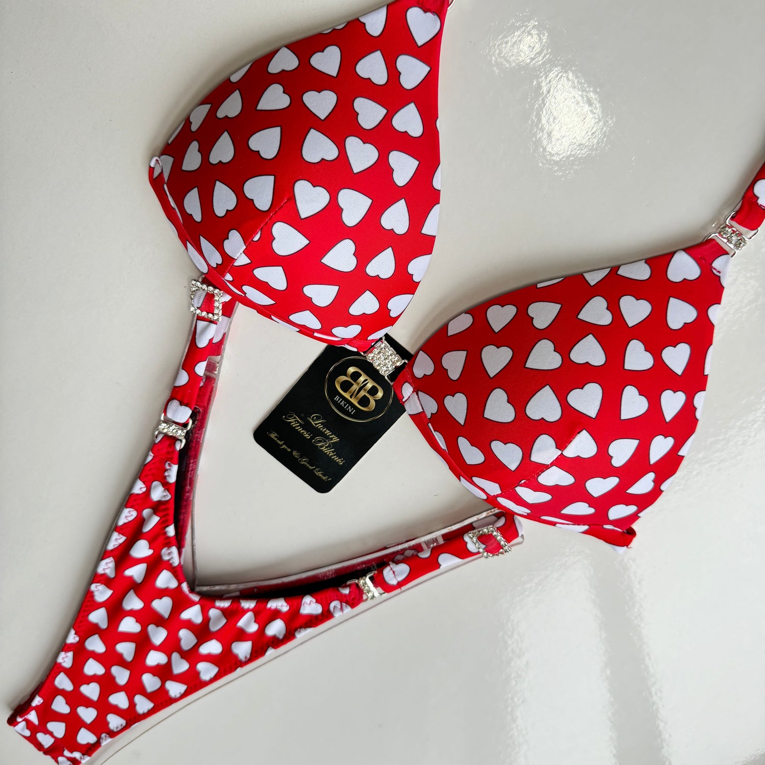 Hearts White on Red Posing Bikini with checking tape measure - made to measure