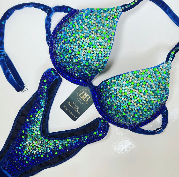 Rental Purple - Blue , green and turquoise IFBB style competition bikini- small D bra cup