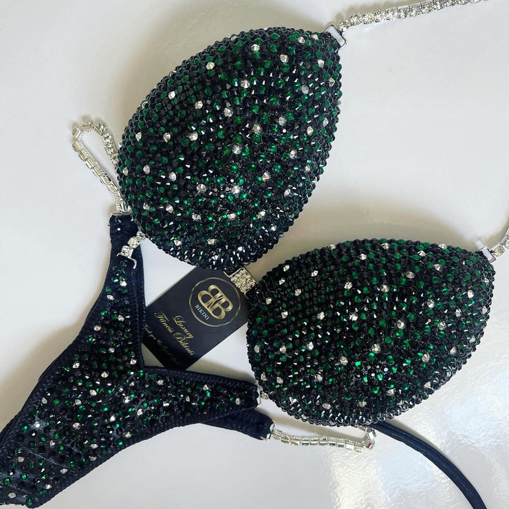 Rental  black and emerald green competition bikini- D/DD bra cup