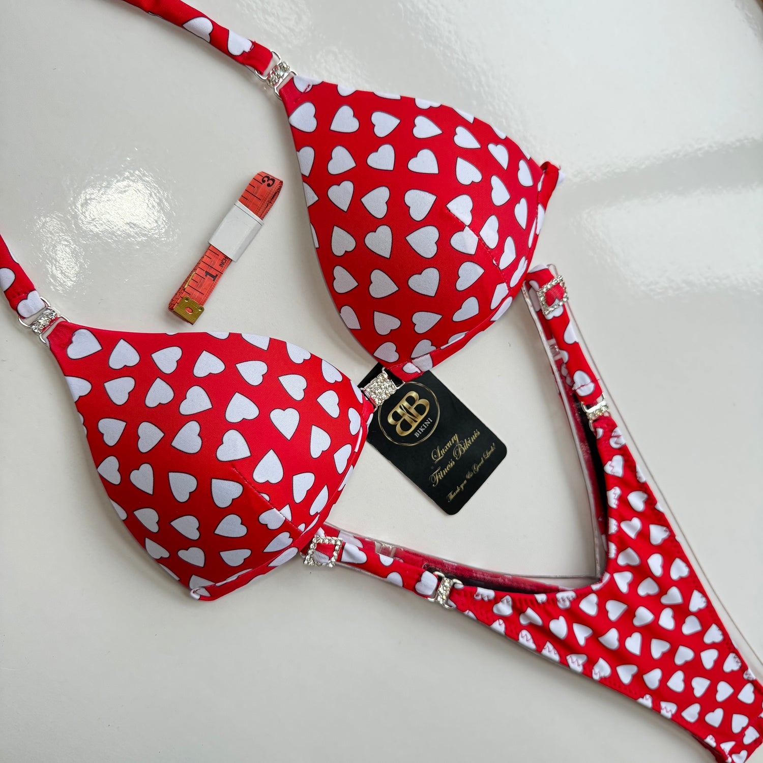 Hearts White on Red Posing Bikini with checking tape measure - made to measure