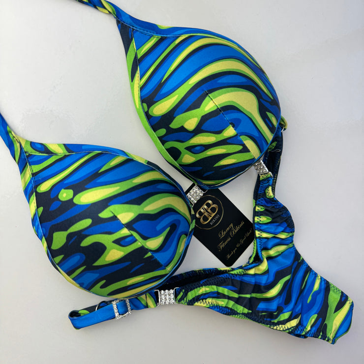 Abstract Blue, Green, Yellow Posing Bikini With Mini Connectors and Adjustable bottoms - Bra cup D/DD