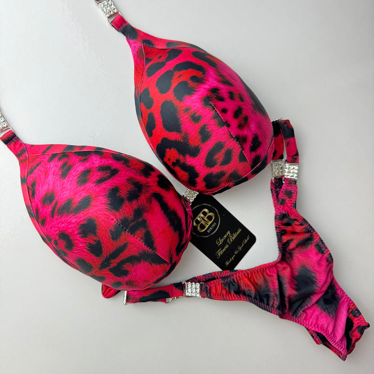 Pink and Red Leopard Posing Bikini With Mini Connectors and Adjustable bottoms - Bra cup D/DD