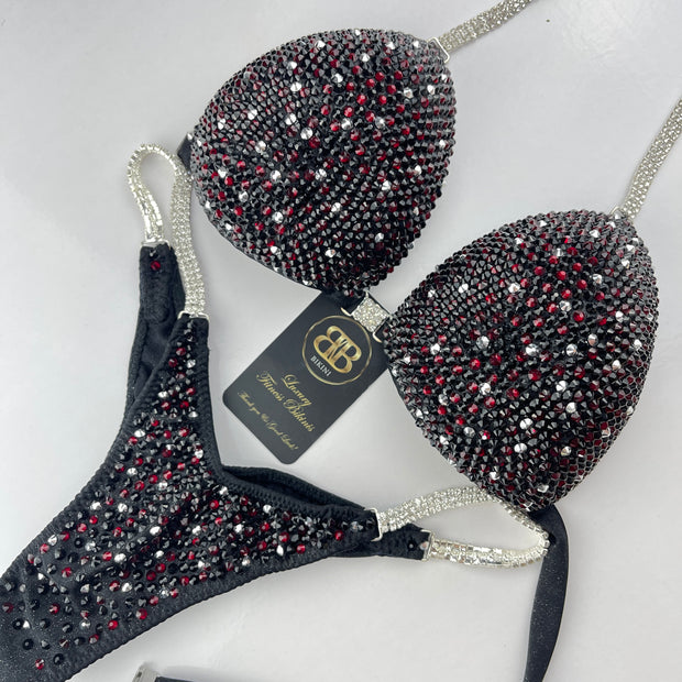 Brand New Black and Dark Red NPC style bikini with silver dust - C/ small D cup , ready to buy