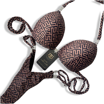 Brown with black print - Competition Posing Bikini with 3 row connectors on bottoms - PRE ORDER