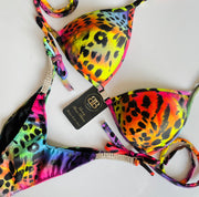 V Scoop Neon Leopard Competition Posing Bikini With Connectors Tie Side and back - Pre Order