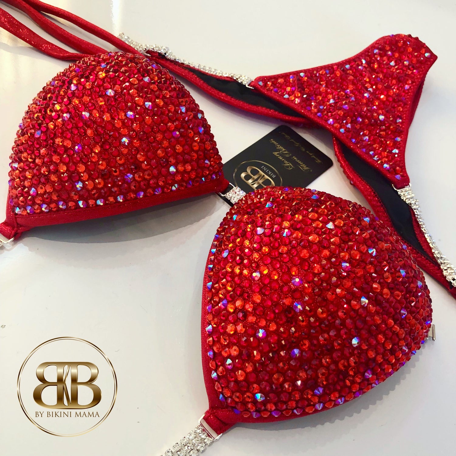 (Mira) NPC Style Bright Red Fully Crystallized Competition Bikini