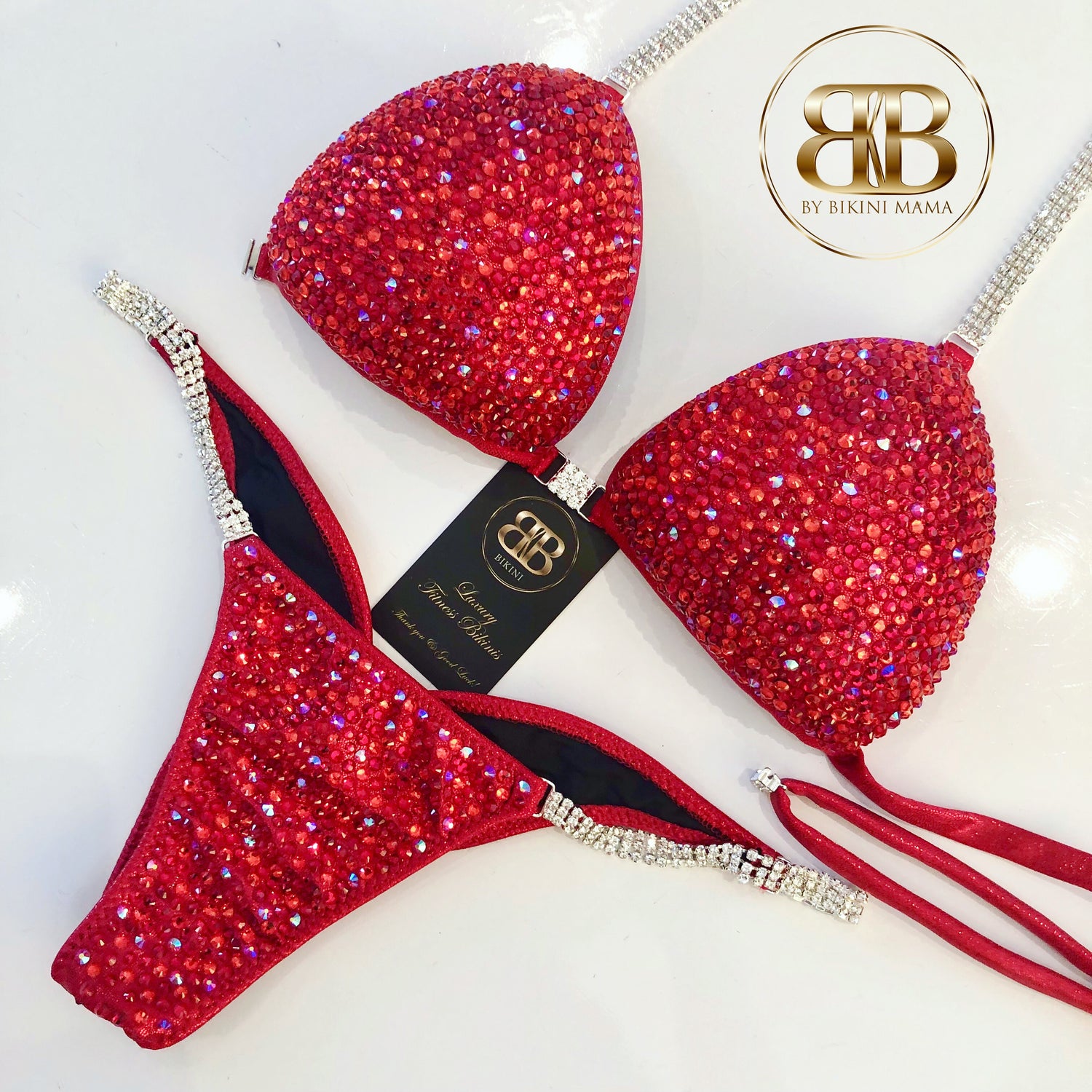 (Mira) NPC Style Bright Red Fully Crystallized Competition Bikini