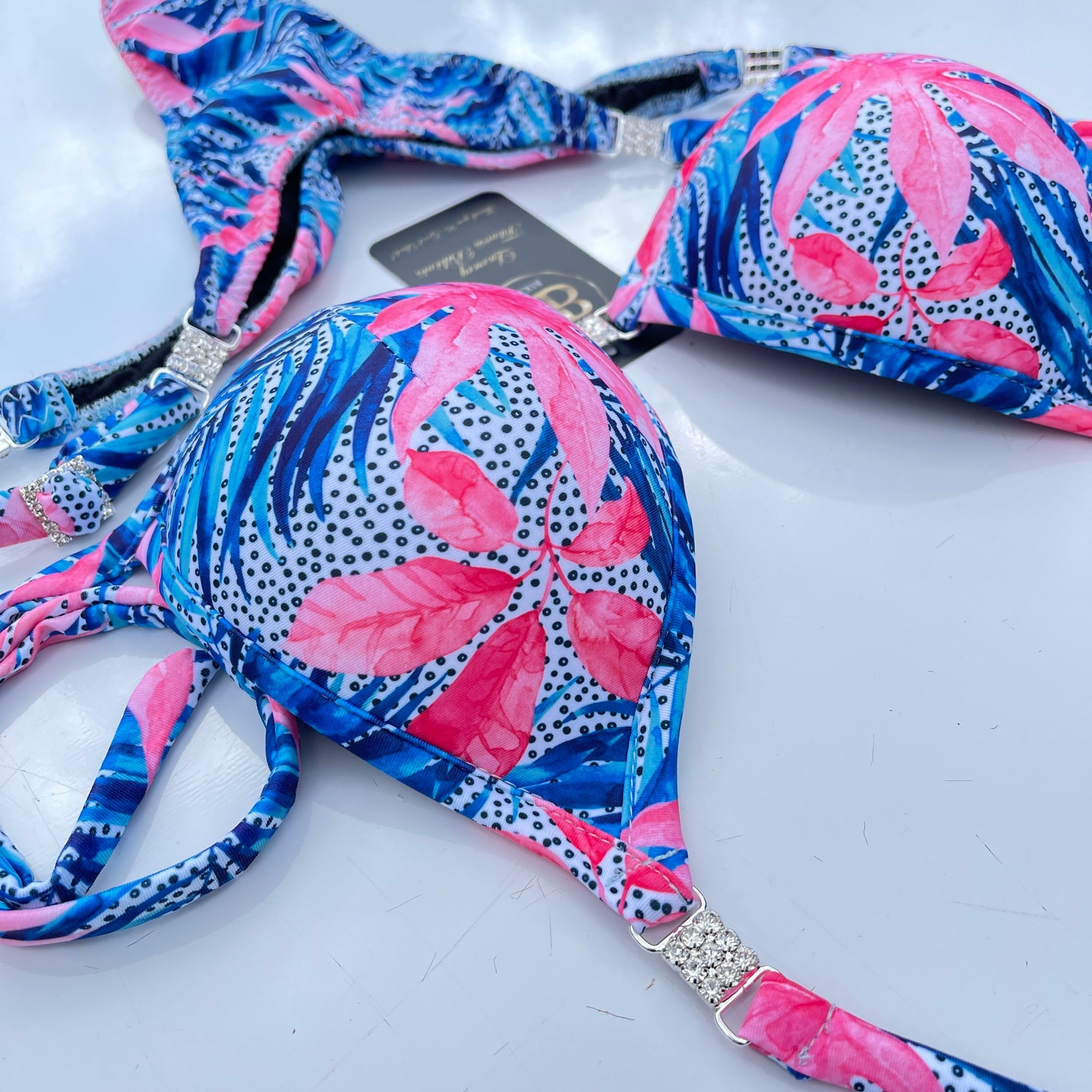 Tropical Pink and Blue Posing Bikini With Mini Connectors and Adjustable bottoms - Bra cup C