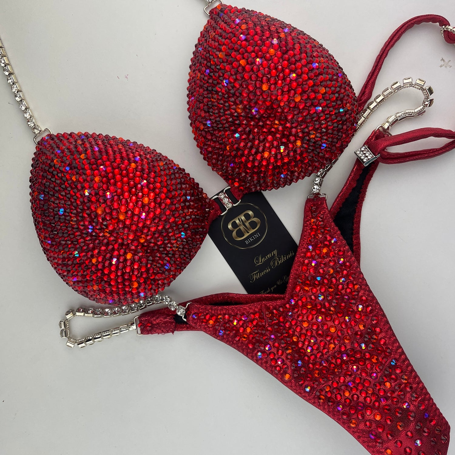 Rental - Ferarri Red NPC Style Fully Crystallized Competition Bikini D bra cup