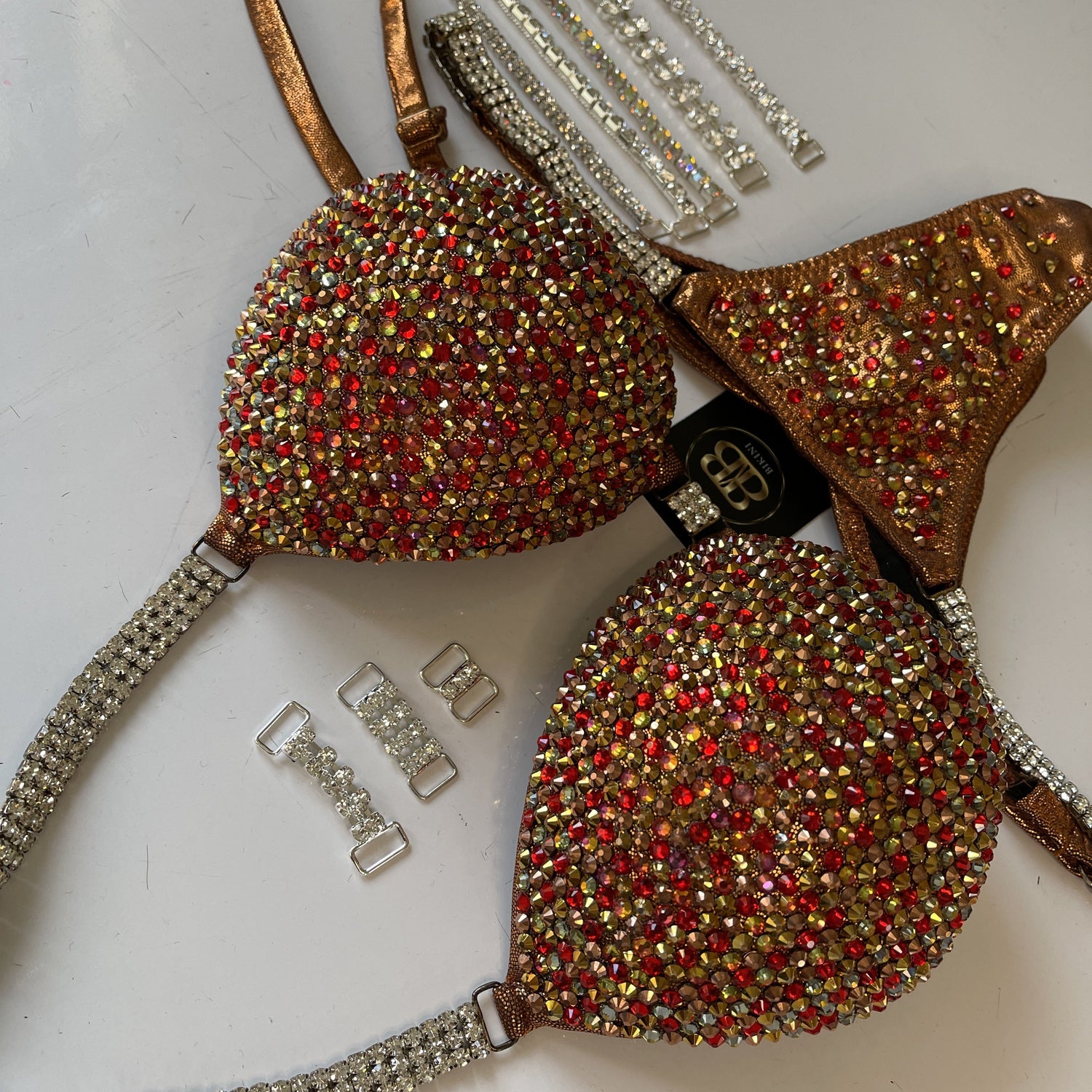 Rental New Gold & Red NPC style bikini - D/DD cup £120 + Deposit