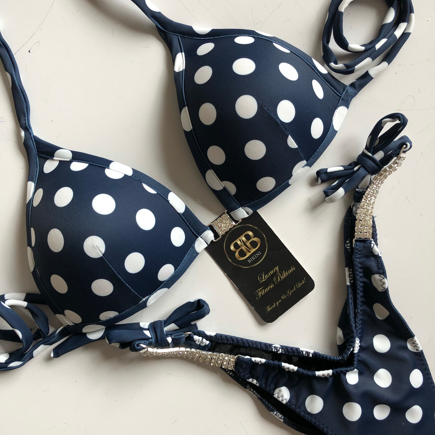 V Scoop Navy Polka Competition Posing Bikini With Connectors  C BRA CUPS - EU