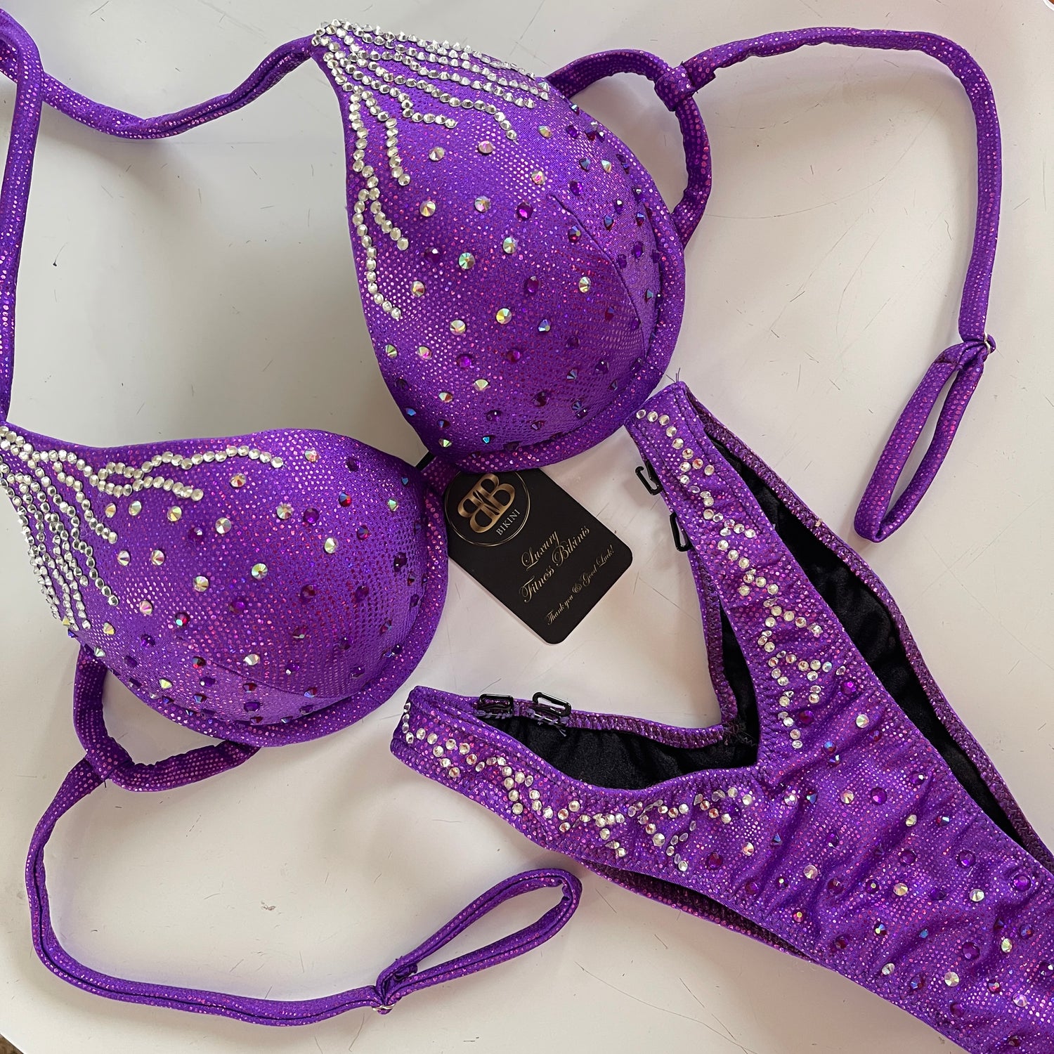 Purple scattered mix with silver rain crossed back competition bikini (210)