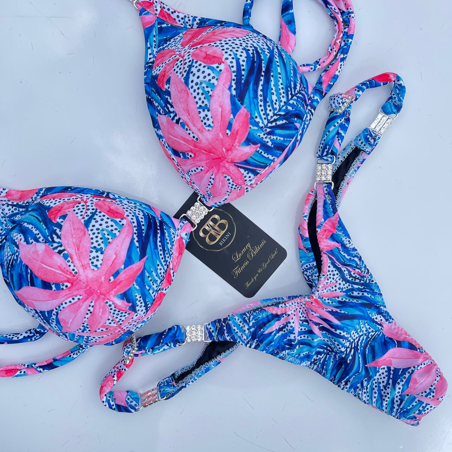 Tropical Pink and Blue Posing Bikini With Mini Connectors and Adjustable bottoms - Bra cup C