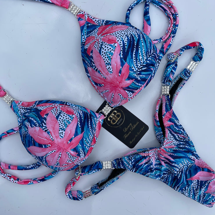 Tropical Pink and Blue Posing Bikini With Mini Connectors and Adjustable bottoms - Bra cup C
