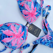 Tropical Pink and Blue Posing Bikini With Mini Connectors and Adjustable bottoms - Bra cup C