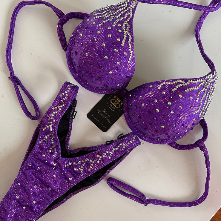 Purple scattered mix with silver rain crossed back competition bikini (210)