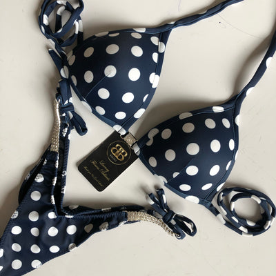 V Scoop Navy Polka Competition Posing Bikini With Connectors B/ small C BRA CUPS