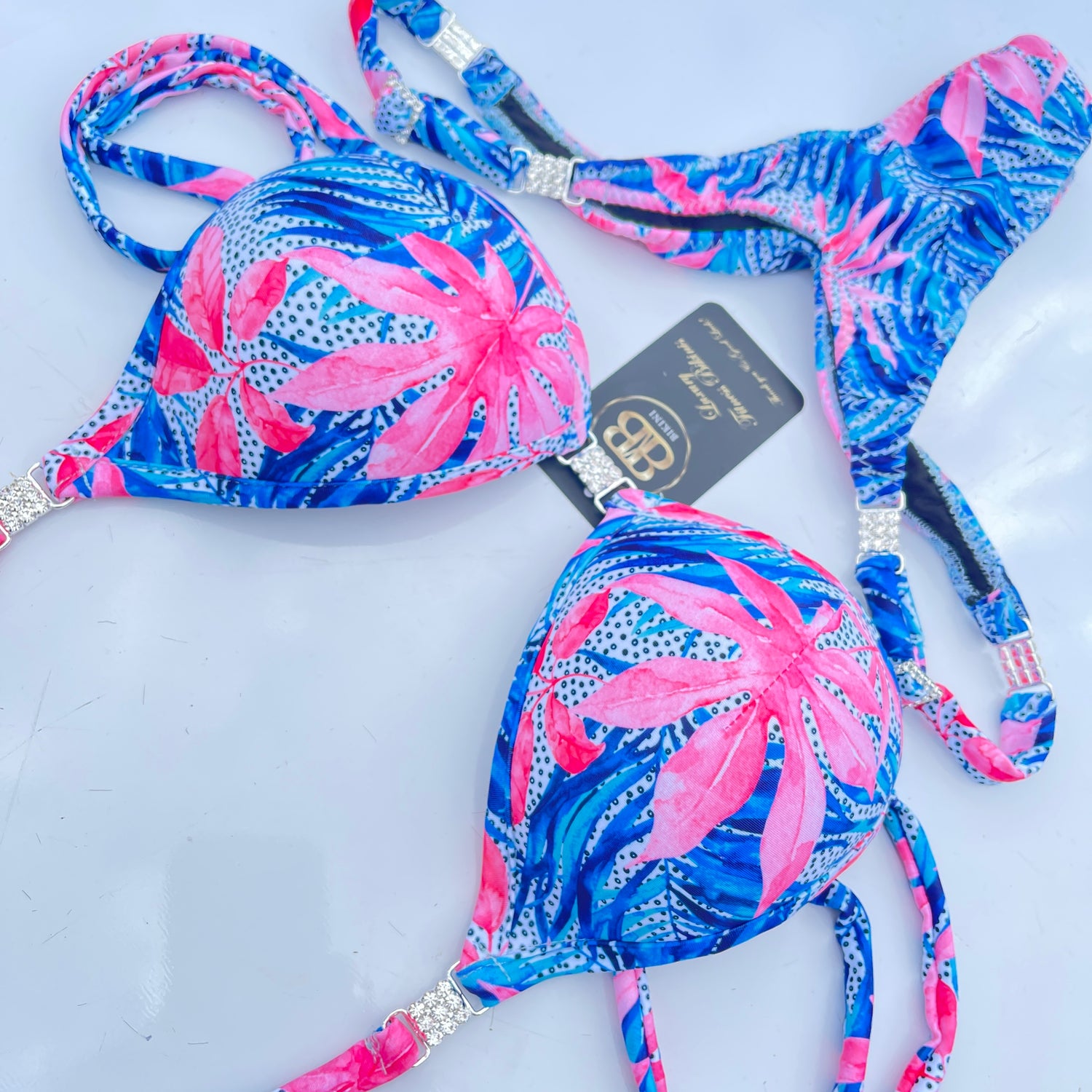 Tropical Pink and Blue Posing Bikini With Mini Connectors and Adjustable bottoms - Bra cup C