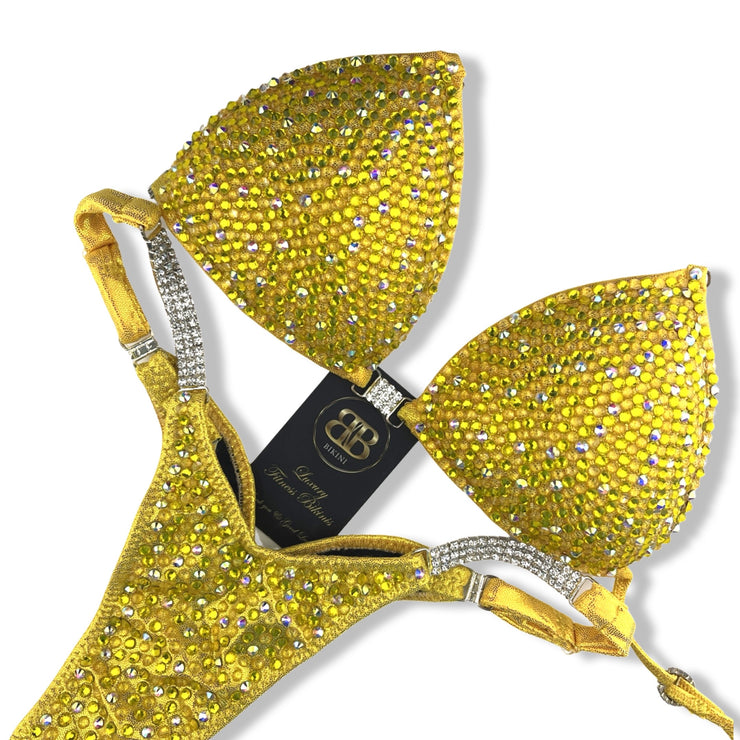 Rental - Yellow NPC Style Fully Crystallized Competition Bikini A/B bra cup