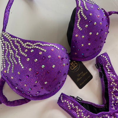 Purple scattered mix with silver rain crossed back competition bikini (210)