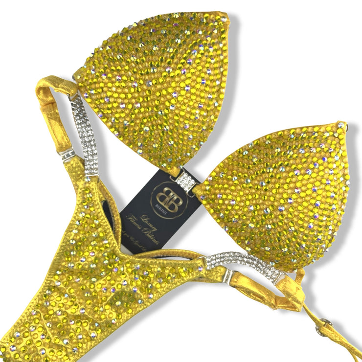 Rental - Yellow NPC Style Fully Crystallized Competition Bikini A/B bra cup
