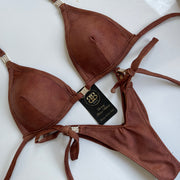 V Scoop Competition Posing Bikini With Gold / Silver Mini Connectors and tie side bottoms and back
